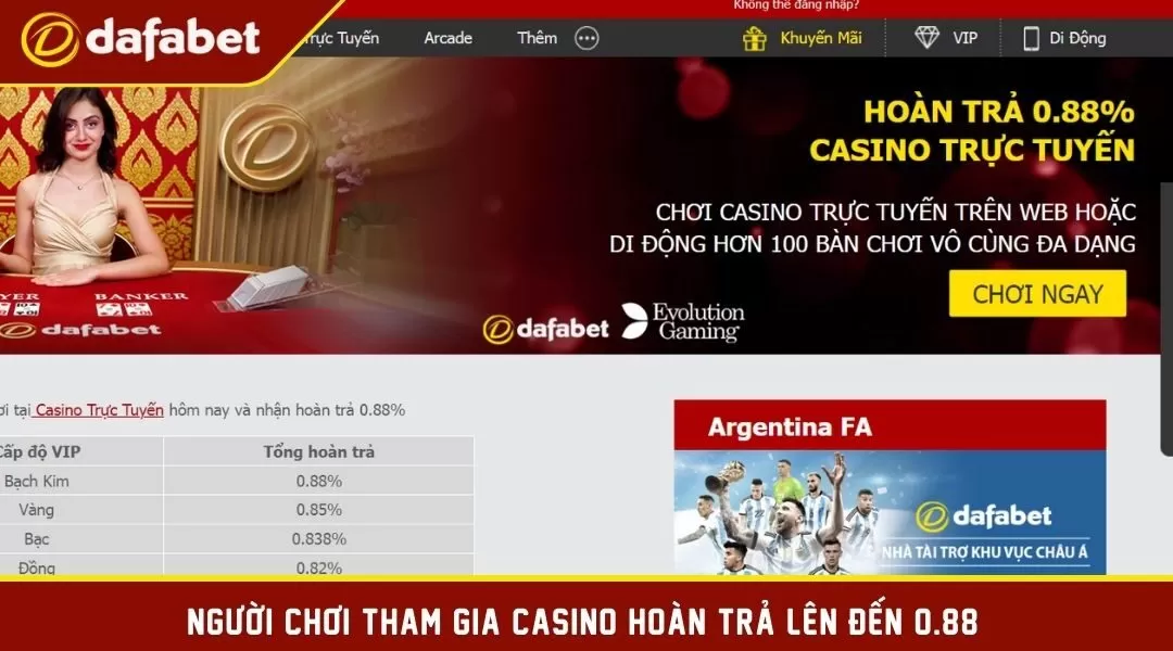 Người chơi tham gia casino hoàn trả lên đến 0.88%.